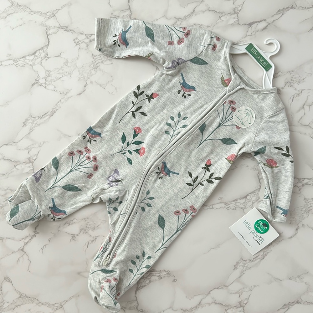 Organic Little Plant 3m Footie // 2 way zip // Birds&Flowers Print